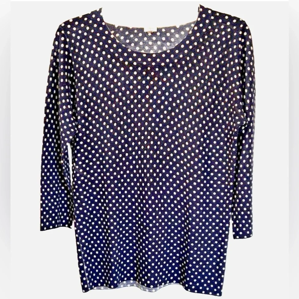J.Crew Merino Wool Polka Dot Sweater Medium Navy Ivory 3/4 Sleeve Knit